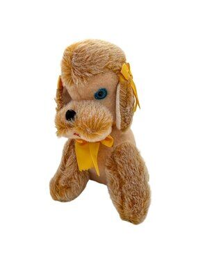 Vintage Yoshi Pet Plush Poodle Dog Stuffed Animal Yellow Bows Japan Blue Eyes
